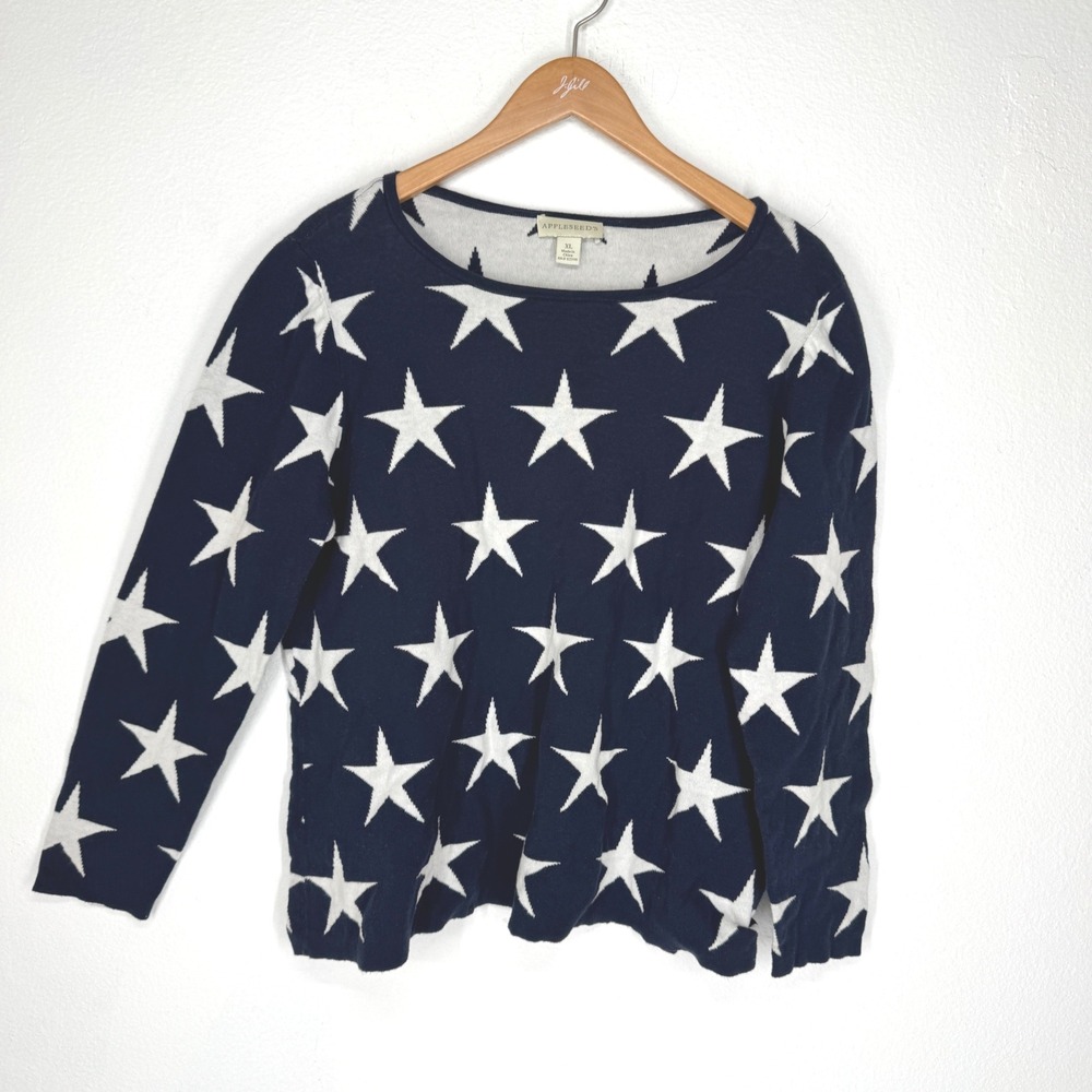 Women XL Navy Blue White Star Americana Cotton Crewneck Sweater Patriotic Preppy